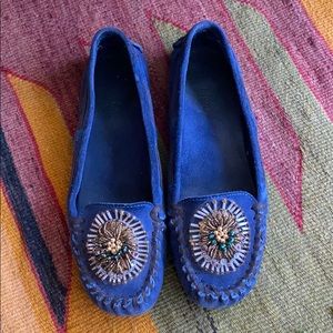 Miu Miu Blue Embellished Suede Moccasins